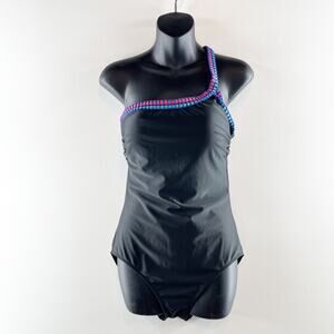Seekers Swimwear Crochet Trim One Shoulder One Piece Swimsuit Black 10